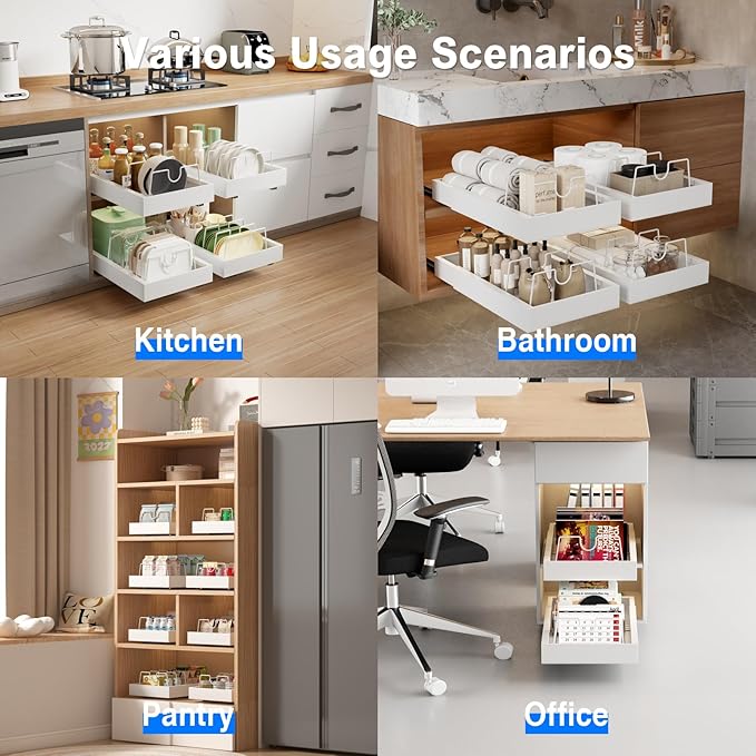 2 Pack Pull Out Cabinet Organizer with 8 Dividers,21.8" Deep Slide Out Drawers for Cabinets Adhesive Pull Out Drawers Heavy Duty Pull Out Shelves for Kitchen, Cupboard, Pantry, Bathroom-White