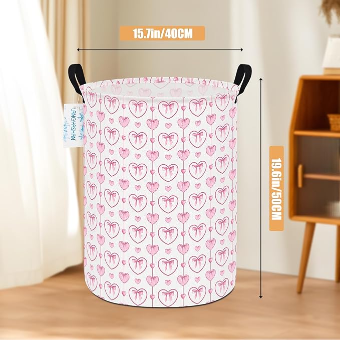 LANGYASHAN Laundry Basket Canvas Fabric Collapsible Organizer Basket for Storage Bin Toy Bins Gift Baskets Bedroom Clothes Children Nursery Hamper (Pearl Heart)