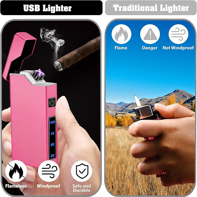 Electric Pink Lighter Dual Arc Plasma Lighter, Windproof Flameless Cool Electronic Lighters, Rechargeable USB with LED Battery Indication, Pocket Metal Lighters for Candles, Camping Unisex