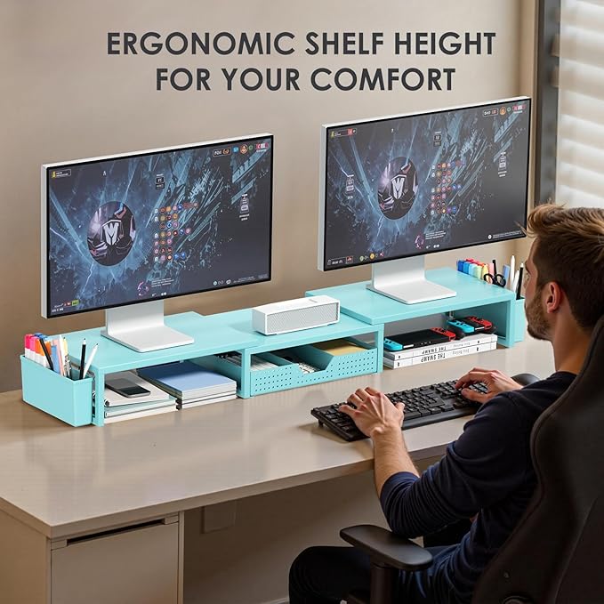 OPNICE Desk Organizers and Accessories, Dual Monitor Stand Riser with Drawer and 2 Pen Holders, Desk Shelf Metal Computer Monitor Stand for Office Workspace Organizers, Desktop Organization (Blue Metal)