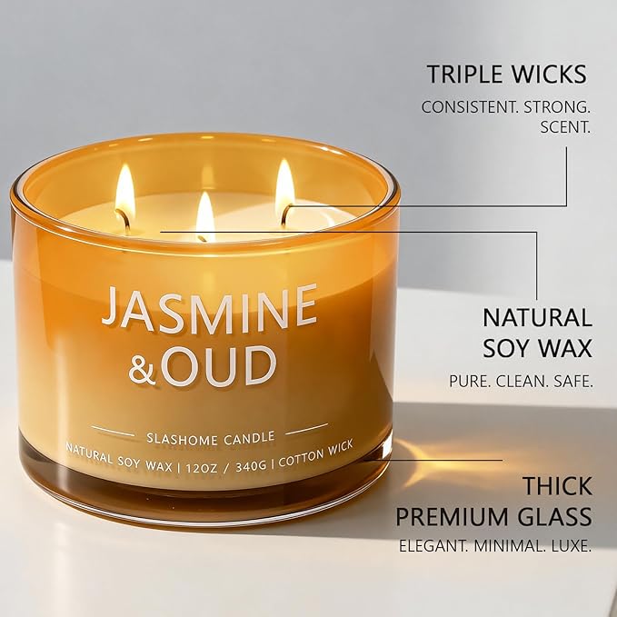 Jasmine & Oud Scented Candle, Luxury Large 3 Wick Soy Candle 12 Oz, 60+ Hour Long Lasting Clean Burn, Elegant Aromatherapy Home Decor, Housewarming & Birthday Gift for Men & Women