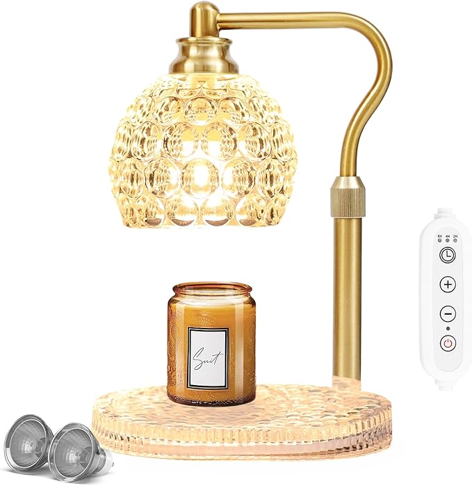 Candle Warmer Lamp with Timer & Dimmer, Glass Lamp Candle Warmer for Jar Candles, UPGRATED with 3 Bulbs, Height Adjustable Electric Wax Warmer for Elegant Home Decor (Crystal Clear)