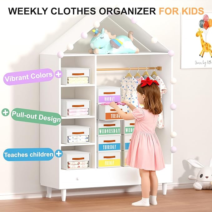 Stackable Storage Drawers - Pull Out Storage Bins with Drawers for Closet Clothes Organizers with Weekly Labels & Clear Window, Closet Shelf Storage for Bedroom, Living Room, 5 Pack, White