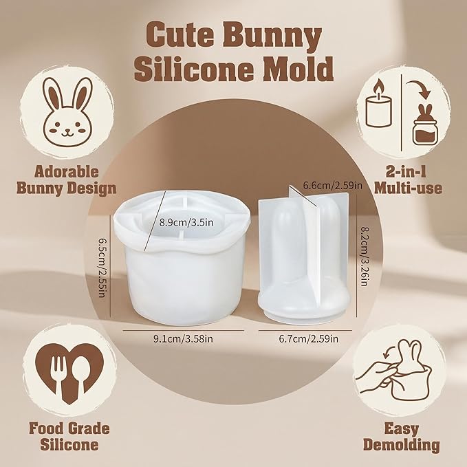 2-Piece Bunny Ear Storage Jar Silicone Mold Set, Lid & Base with Ergonomic Grip Design - DIY Candle Holder, Aromatherapy Plaster, Resin Craft Box for Home Decor, Easter Gift