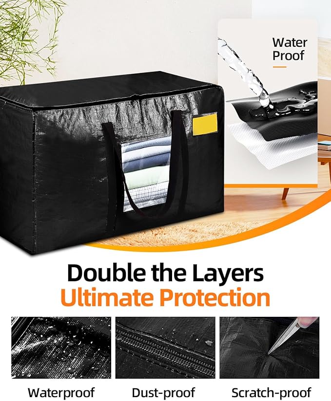 Extra Large Moving Bags, 6 Pack Heavy Duty Storage Bags Boxes Bins Totes with Hnadles Zippers Visible Window for Clothes College Dorm Travel, Black