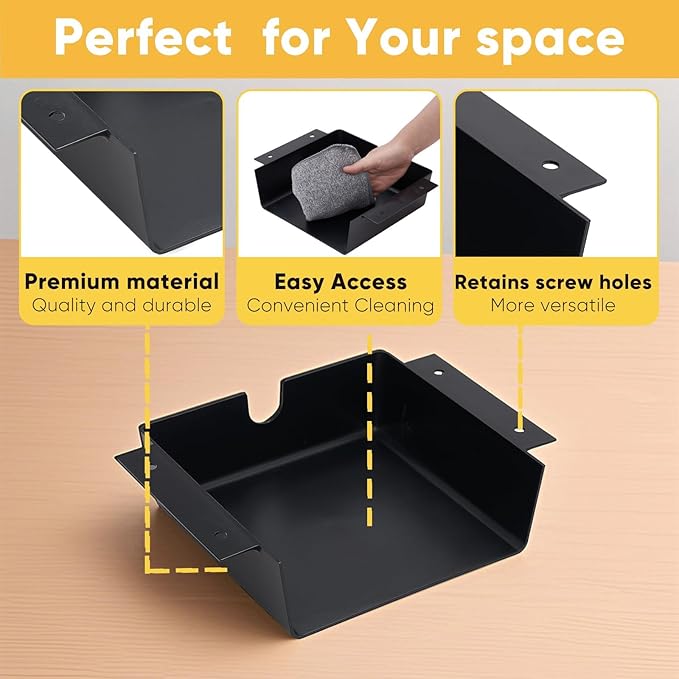 4 Pack Under Desk Hanging Shelf Drawer Organizer, Attachable Plastic Hidden Storage Tray, Easy Adhesive Mount Holder for Standing Tables, Office, Counters, Cabinets, Workstations - Black