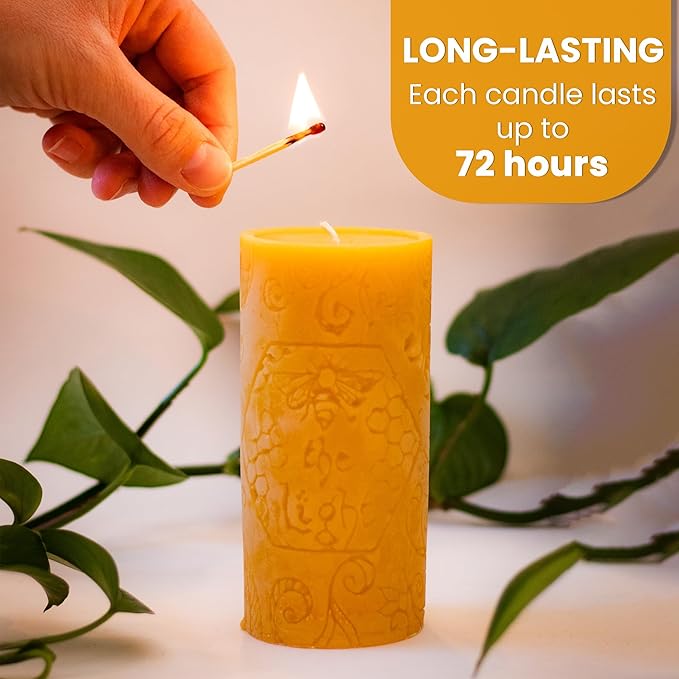 BeeTheLight Beeswax Pillar Candle - 100% Pure Bees Wax - Choose Your Size and Color - Up to 72 Hour Burn Time - Approx. 2x3, 3x4, 3x6 - Unscented - Natural Light Honey Scent (Natural Yellow, Large)