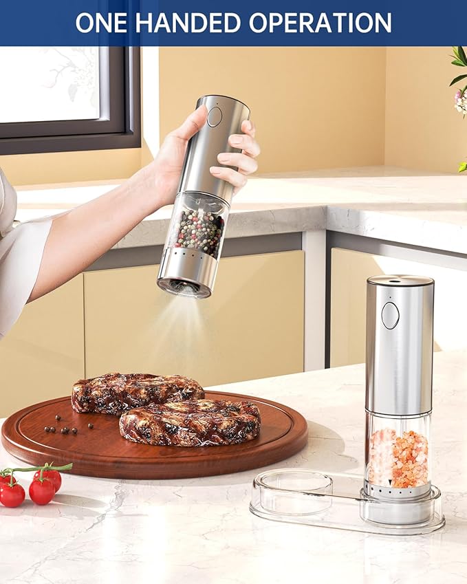 CIRCLE JOY Electric Salt and Pepper Grinder Set Rechargeable Stainless Steel Salt and Pepper Shakers with LED Light and Storage Base, External Adjustable Coarseness for Hygienic Easy Use