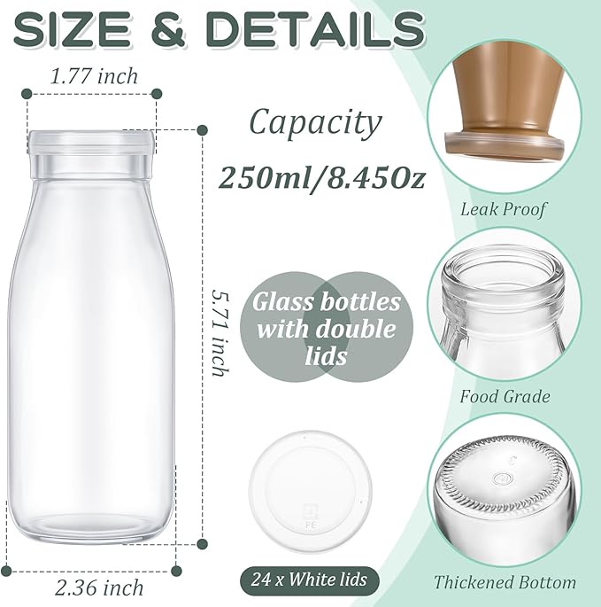 Zubebe 24 Pack 8 oz Glass Jars with 48 Lids Clear Milk Bottles - Suitable for Holiday Gifts, Meal Prep, Overnight Oats, and Christmas Party Favors