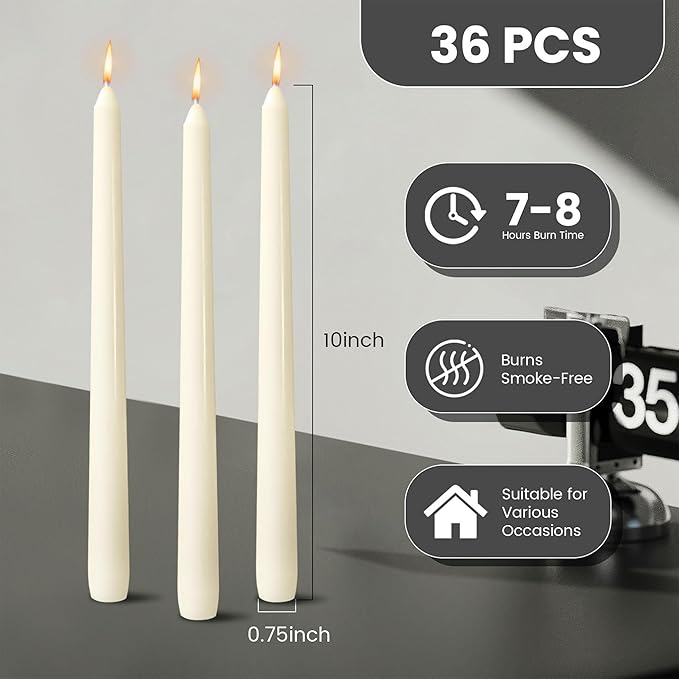 OSHINE 10 Inch Ivory Taper Candles - 36 Pack Long Taper Candle Dripless Unscented Smokeless & Emergency 7-8 Hours Long Burning Tall Candlesticks Ideal for Valentine, Weddings, Dinner Party