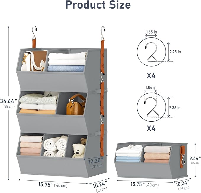 Hanging Closet Organizer Extra Large, Clothes Hanging Shelves for Closet with Divider, Collapsible Closet Storage System, Fabric Storage Bins for Home, Dorm, Rv, Sweaters, Handbags, Underwear, Sock