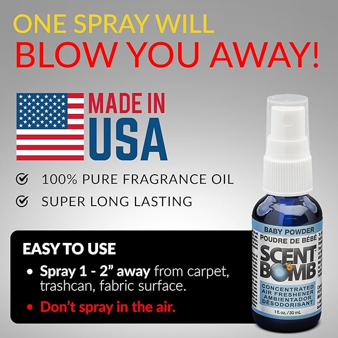 Scent Bomb Air Freshener Spray, Long-Lasting Odor Eliminator - Effective Deodorizer for Home & Car, Fresh Room Spray for Kitchen, Bathroom & Smell Neutralizer - 1 oz Pack of 4, Baby Powder Scent