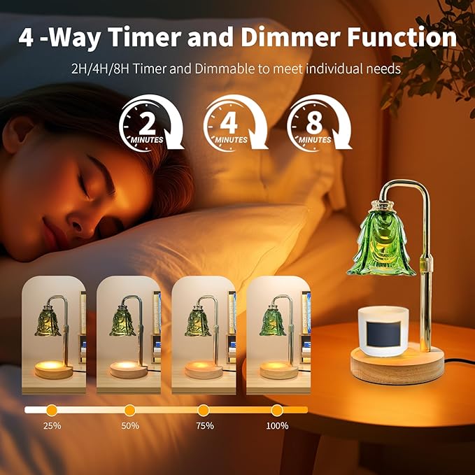 Candle Warmer Lamp with Timer & Dimmer, Adjustable Height Flower Candle Warmer for Jar Candles, Flameless Wax Melter with 2 Bulbs, Home Decor, Christmas, Birthday, Valentine's Gift for Women (Green)