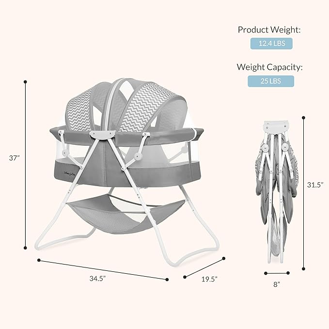 Dream On Me Karley Bassinet, Award Winner Lightweight Travel Baby Bassinet, Foldable Bedside Sleeper, Adjustable Double Canopy, Spacious Design, Soft Fabric, Storage Basket – Dark Gray