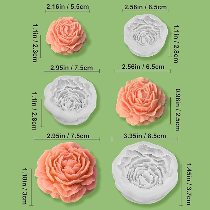 3 Pcs Peony Candle Mold for Candle Making, Set of Large + Medium +Small 3D Peony Flower Silicone Molds for Epoxy Resin Casting Wax Soap Clay Plaster Home Décor Handmade Gift