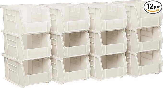 Akro-Mils 30237 AkroBins Plastic Storage Bins, Space-Saving Stackable Bins for Garage, Pantry, Craft Organization, 9" x 6" x 5", Stone, 12-Pack