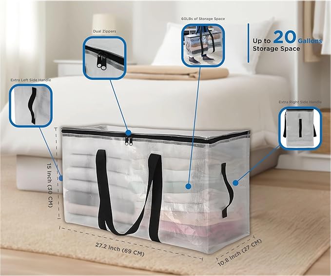Clear Heavy Duty 20 Gallon Storage & Moving Bag, Large Reusable Organizer for Home Moving and Space Saving