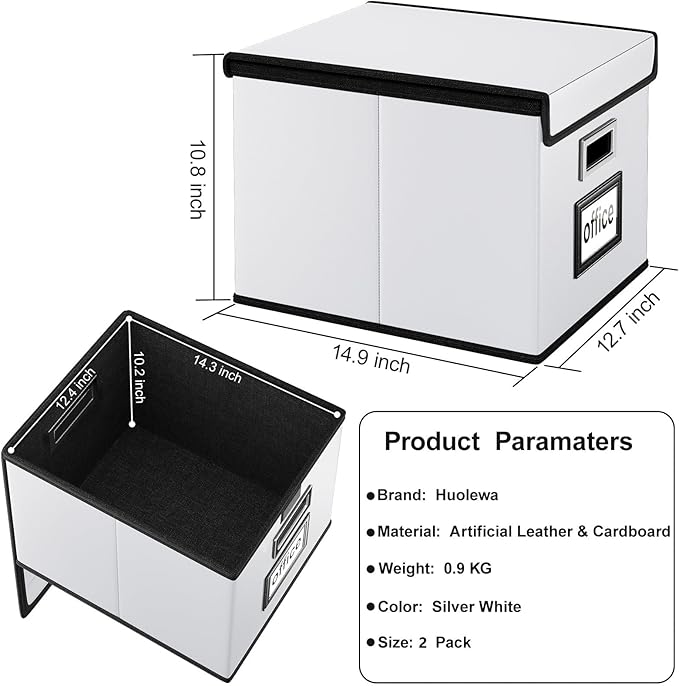 Huolewa Portable Leather File Organizer Boxes with Lids, Collapsible File Folder Organizer Boxes, Decorative Small Filing File Cabinet for Home/Office, Easily Store Documents/Hanging File Folders