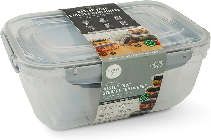 Core Kitchen Nested Food Storage Containers – 8-Piece Set with 4 Airtight Locking Lids – BPA-Free, Stackable, Microwave, Freezer & Dishwasher Safe - Clear