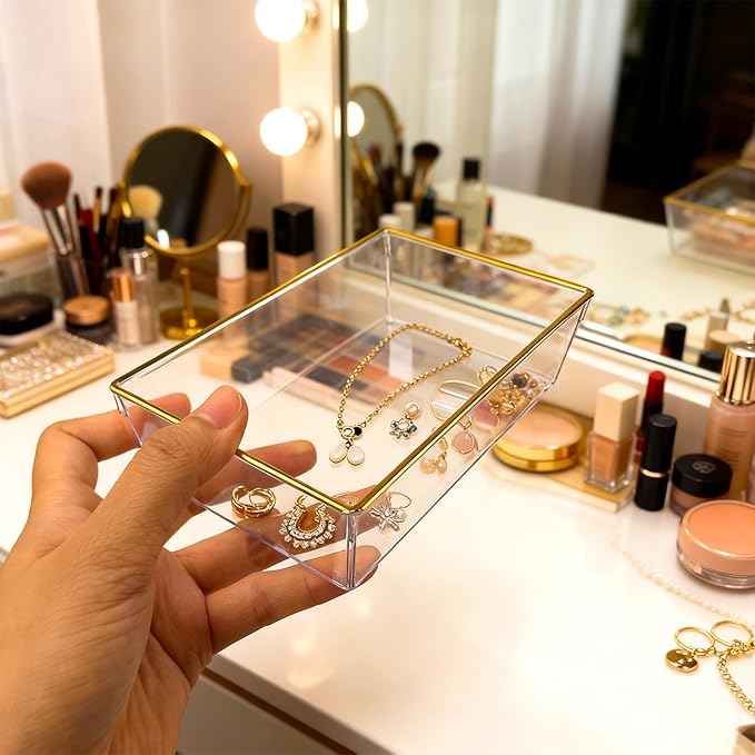 6 Pack Large Size Clear Stackable Drawer Organizer Trays, Gold Rim Makeup Drawer Storage Tray Divider, Desk Storage for Makeup, Jewelry, Bathroom, Stationary, Kitchen Utensils and Office Desk