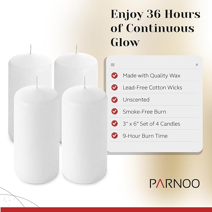 Unscented Pillar Candles - Set of 4 Vanilla Candles - 3x6 Slow Burning Candles for Weddings & Table Centerpieces - Large Pillar Candles, PARNOO