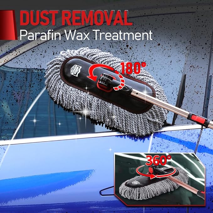 Car Duster Exterior Scratch Free with Extendable Handle, Microfiber Car Cleaning Brush for Dust Removal + Small Detailing Brush for Interior Care