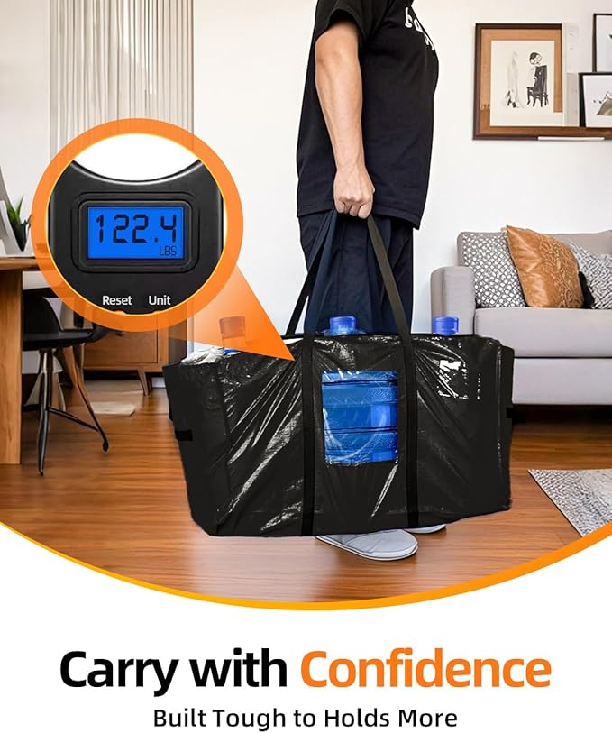 Extra Large Moving Bags, 4 Pack Heavy Duty Storage Bags Boxes Bins Totes with Hnadles Zippers Visible Window for Clothes College Dorm Travel, Black