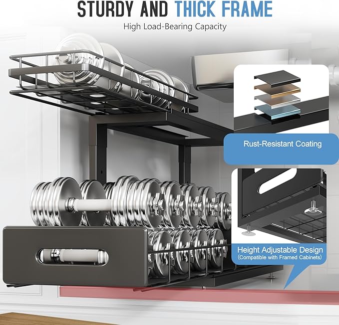 Under Sink Organizer Upgrade To Professional Rails,2-Tier Dual Pull Out Cabinet Storage,Height Adjustable Slide Out Drawers For Bathroom Kitchen,1 Pack-18.5"Dx12.8"-16.9"H,Black