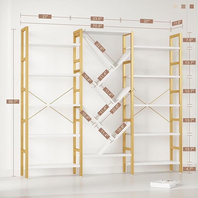 70x70” Triple 5 Tier Book Shelf, Large Wooden Bookcase with 17 Open Display Shelf, Modern Tree Bookshelf Metal Frame Tall Book Case Furniture for Living Room Bedroom Home Office White & Gold