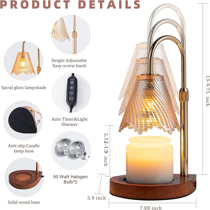 Candle Warmer Lamp with Timer Dimmable,Glass lampshade and Water-Drop-Shaped Wooden Base,Height Adjustable Candle Warmer with 2 Bulbs,Gifts for Women Mom,House Warming Gifts New Home Bedroom Decor