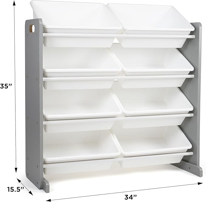Humble Crew 8-Bin Toy Organizer – Large Storage Bins with Grey Wood Frame & White Plastic Totes, 4-Tier Kids’ Organizer Shelf with Safety Braces and Anti-Tip Kit