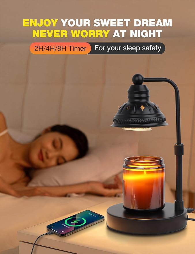 Candle Heater Lamp with Timer and Dimming Function, Height Adjustable Candle Melting Lamp Heater for Aromatherapy Jar Candles, Home Decor for Women (Black)