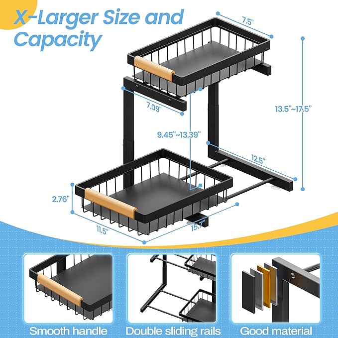 ADBIU Under Sink Organizer XL Size, 2 Packs 2 Tier Expandable Height (13.5" - 17.5") Under-Sink Organizers Slide Out Pull Out Bathroom Kitchen Organizers and Storage