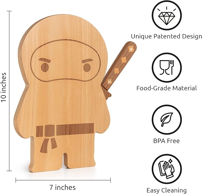 OTOTO Cutting Board Wooden & Plastic Cutting Boards for Kitchen, Fun & Spooky Kitchen Gadgets, Housewarming & Goth Gifts, Dishwasher Safe (Ninja, Wood)