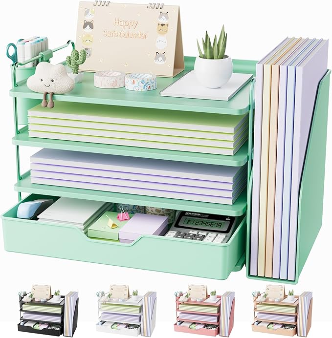 Kitsure Desk Organizer - 4-Tier Office Desk Accessories with Drawer ＆ Pen Holder, Tool-Free Assembly Organizer with Non-Slip Pads, for Office Supplies Storage, Plastic, 13.3" x 8.0" x 10.8", Green