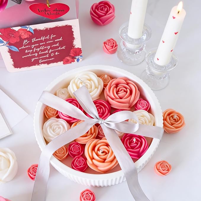 Rose Bucket Candle Kit Handmade Gift Soy Wax Beads for Candle Making Rose Silicone Mold 3D Flower Candle Molds All in One Kit Accessories Set Valentine's Day Gift (Silvery)