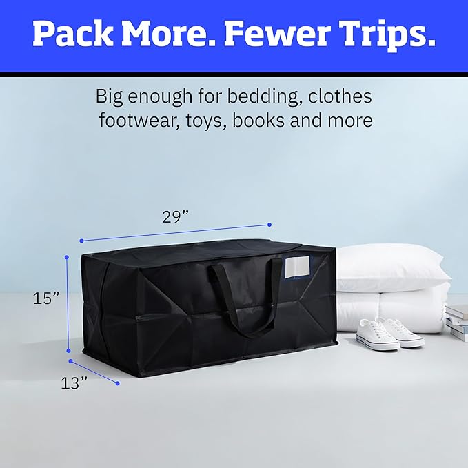 DURASACK Heavy Duty Moving Bag Storage Container Duffle Bag with Zipper, Reinforced Carry Straps and Backpack Straps, Made of Rugged Woven Polypropylene, Pack of 4, Black