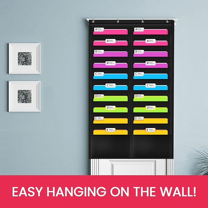 Godery Folder Pocket Chart (Black), Cascading Wall Organizer for School, Classroom, Home or Office Use, 20 Pocket Chart Hanging Wall Organizer with 4 Hangers