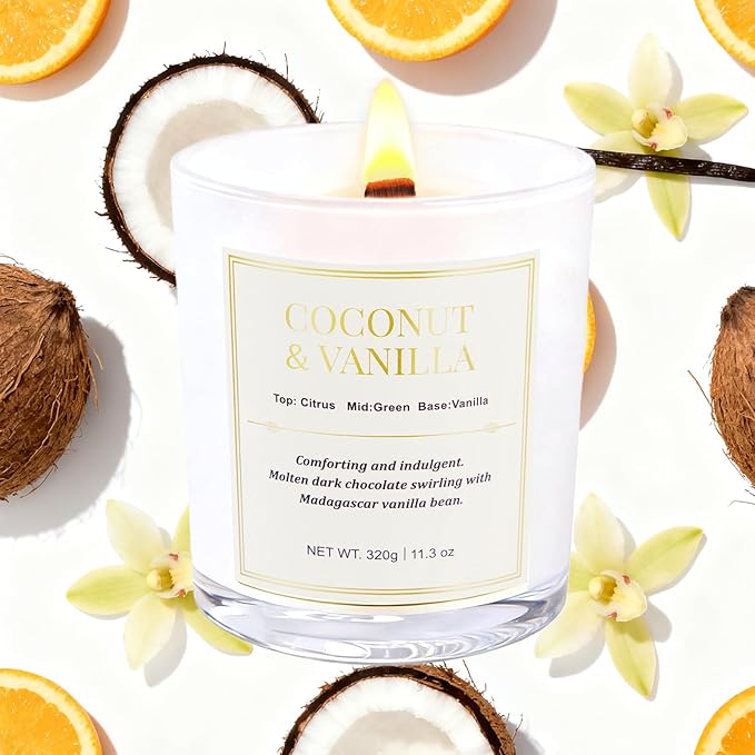 2 Pack Wood Wick Coconut & Vanilla Candle Gift Set – Long Lasting Soy Wax Candles with Gift Boxes, Holiday Aromatherapy Candles for Home Decor & Holiday Gifts