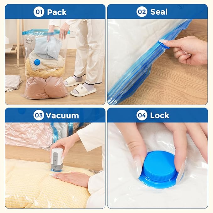 ETENWOLF 4 Pack Vacuum Storage Bags with Rechargeable Wireless Pump, Vacuum Seal Bags for Clothes and Travel, Space Saver Bags in Multiple Carry-On Sizes, Perfect for Luggage and Suitcases