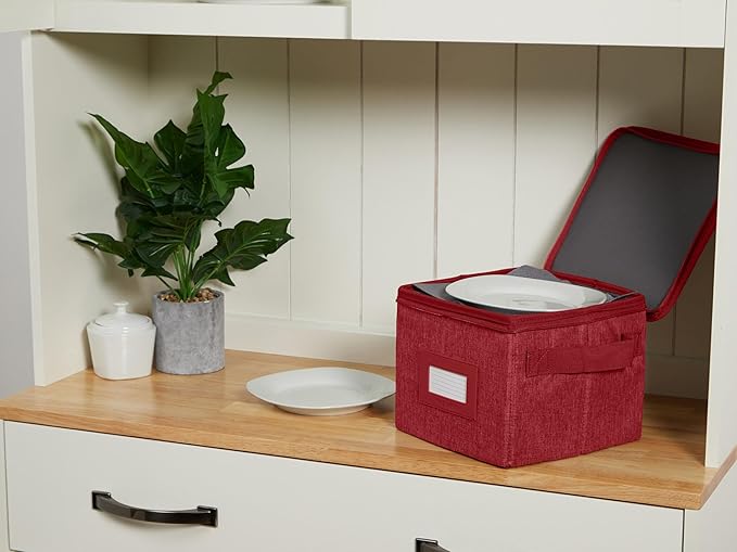 Covermates Dish Storage Box – China & Dinner Plate Storage Container with Dual Zippers, Reinforced Handles, ID Window & Stackable Structured Walls for Dishware Organization, Red Heather
