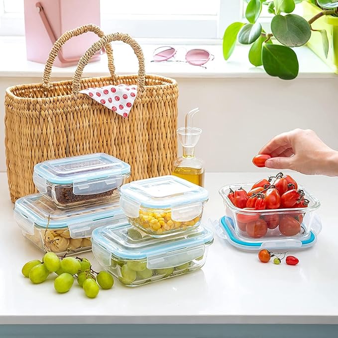 Moss & Stone 10-Piece Borosilicate Glass Meal Prep Containers – 100% Leak-Proof Snap-Lock Lids, Airtight & BPA-Free – Freezer, Microwave & Oven Safe (Glass Only) – Stackable/Nestable Food Storage Set