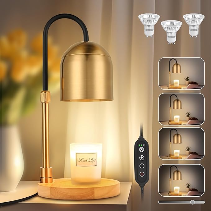 Candle Warmer Lamp with Timer & 3 Bulbs, Dimmable Electric Candlelight Adjustable Height and Brightness Candle Wax Warmer for Jar Candles Bedroom Home Decor House Warming Gift for Women (Round Gold)