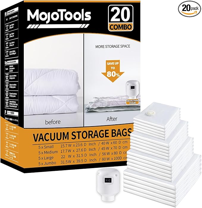 Vacuum Storage Bags with Electric Air Pump, 20 Pack (5 Jumbo, 5 Large, 5 Medium,5 Small) Space Saver Bag, Space Saver Bag, Vacuum Sealer Bags for Clothes, Blanket, Duvets, Pillows, Comforters, Travel