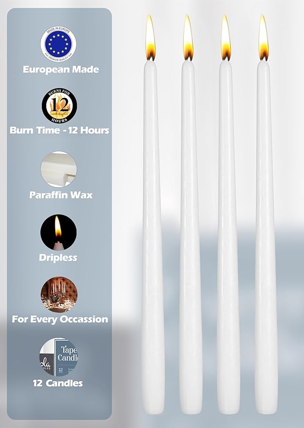 Hyoola 12 Pack Tall Taper Candles - 14 Inch White Dripless, Unscented Dinner Candle - Paraffin Wax with Cotton Wicks - 12 Hour Burn Time