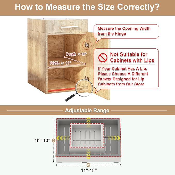 Pull out Cabinet Organizer,Width (11"-18") and Depth (10"-13") Expandable,No Drill Adjustable Slide out Drawers for Pantry,Adhesive Roll out Shelves Short,for upper cabinet,White