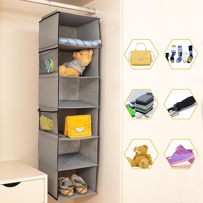 BrilliantJo 6 Shelves Hanging Closet Organizer, 2 Pack Hanging Storage with 4 Side Pockets for Clothes Shoes, 43.5"x12"x12"(Grey)