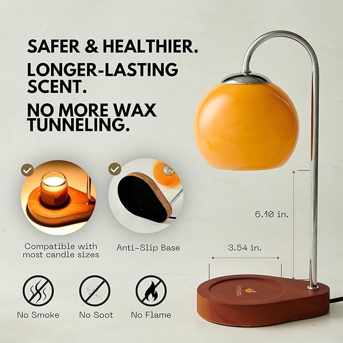 Modern Candle Warmer Lamp with Timer and Dimmer, Dimmable Electric Candle Lamp Warmer, Wax Melt Warmer, Glass with Wood Base, Home Decor Gifts 2 Bulbs Included (Brown and Stained Wood Base)