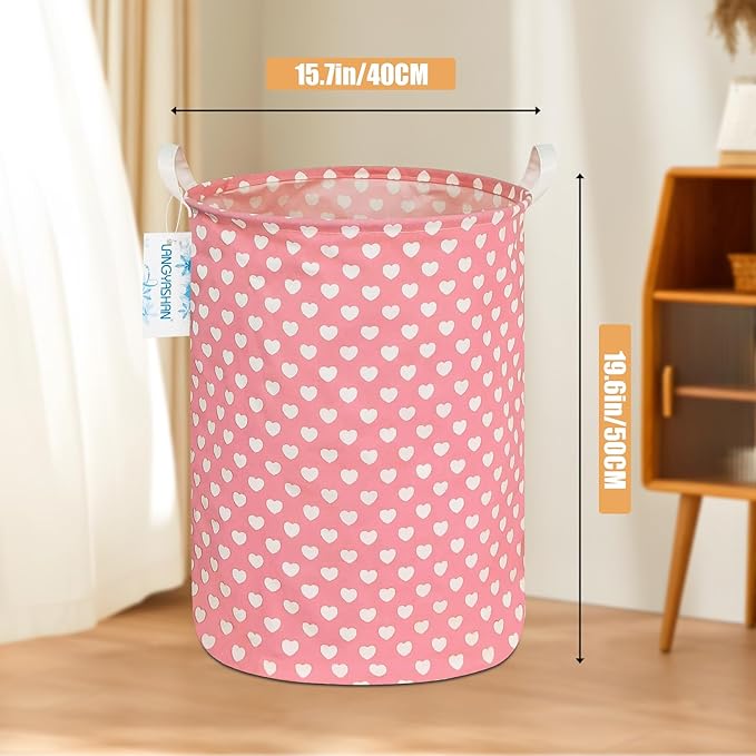LANGYASHAN Laundry Basket Canvas Fabric Collapsible Organizer Basket for Storage Bin Toy Bins Gift Baskets Bedroom Clothes Children Nursery Hamper (pink heart)