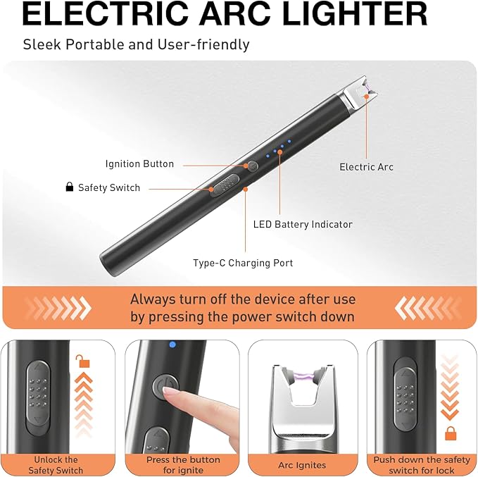 3-Pack Long Stem Electric USB C Rechargeable Plasma Candle Lighter, Windproof Arc Lighter with Safety Lock for Candles, Gas Stoves, Firestarter, Gift Set (Black, Rose Gold, Chrome)